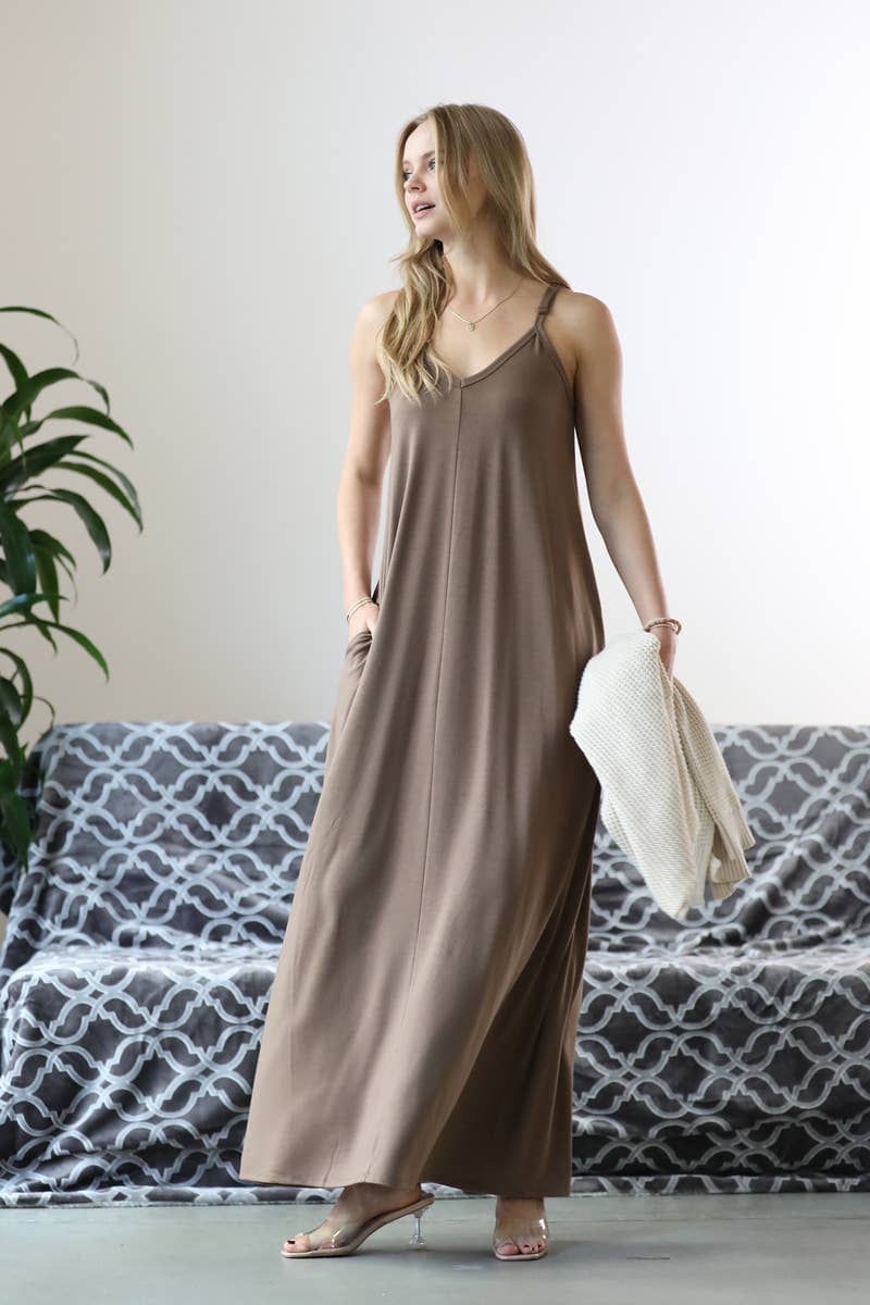 V-NECK CAMI MAXI DRESS /w adjustable strap & pockets– A Whole World Of Good