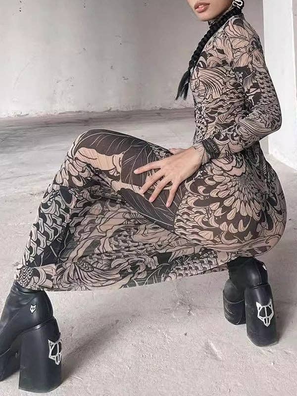Long Sleeves Skinny Printed See-Through Split-Joint High Neck Evening – A  Whole World Of Good