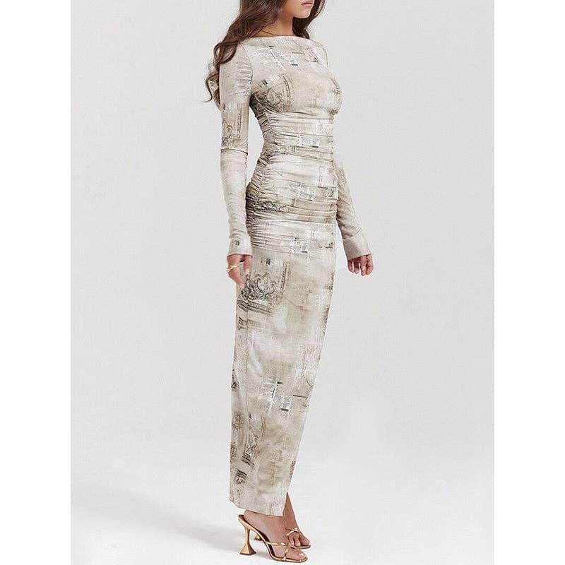 long skinny dresses Sleeves Printed Split-Back Split-Joint Round-Neck Evening Maxi Dresses White / L measure around the fullest Petite Collection | Petite easter dress baby Color:Future Dusk