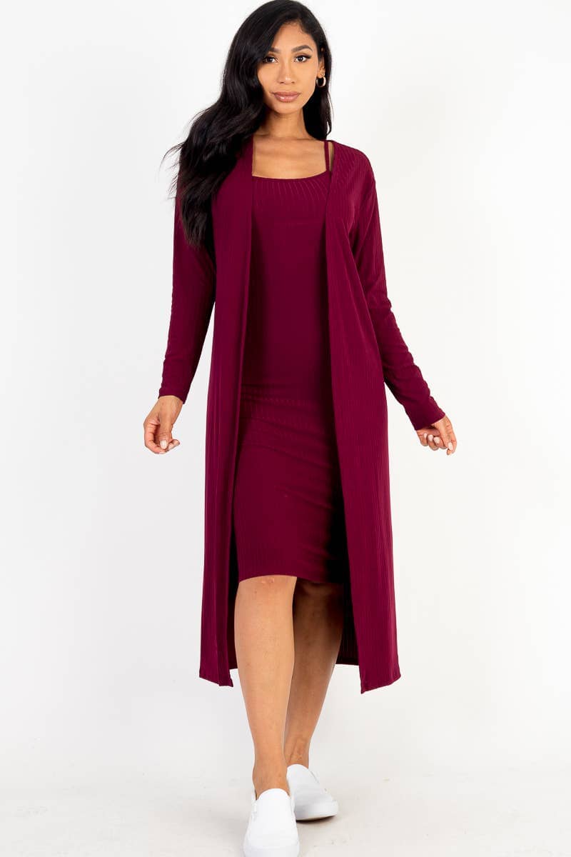 Ribbed Cardigan & Cami Midi Bodycon Dress A Whole World Of Good Ribbed Cardigan & Cami Midi Bodycon Dress A Whole World Of Good