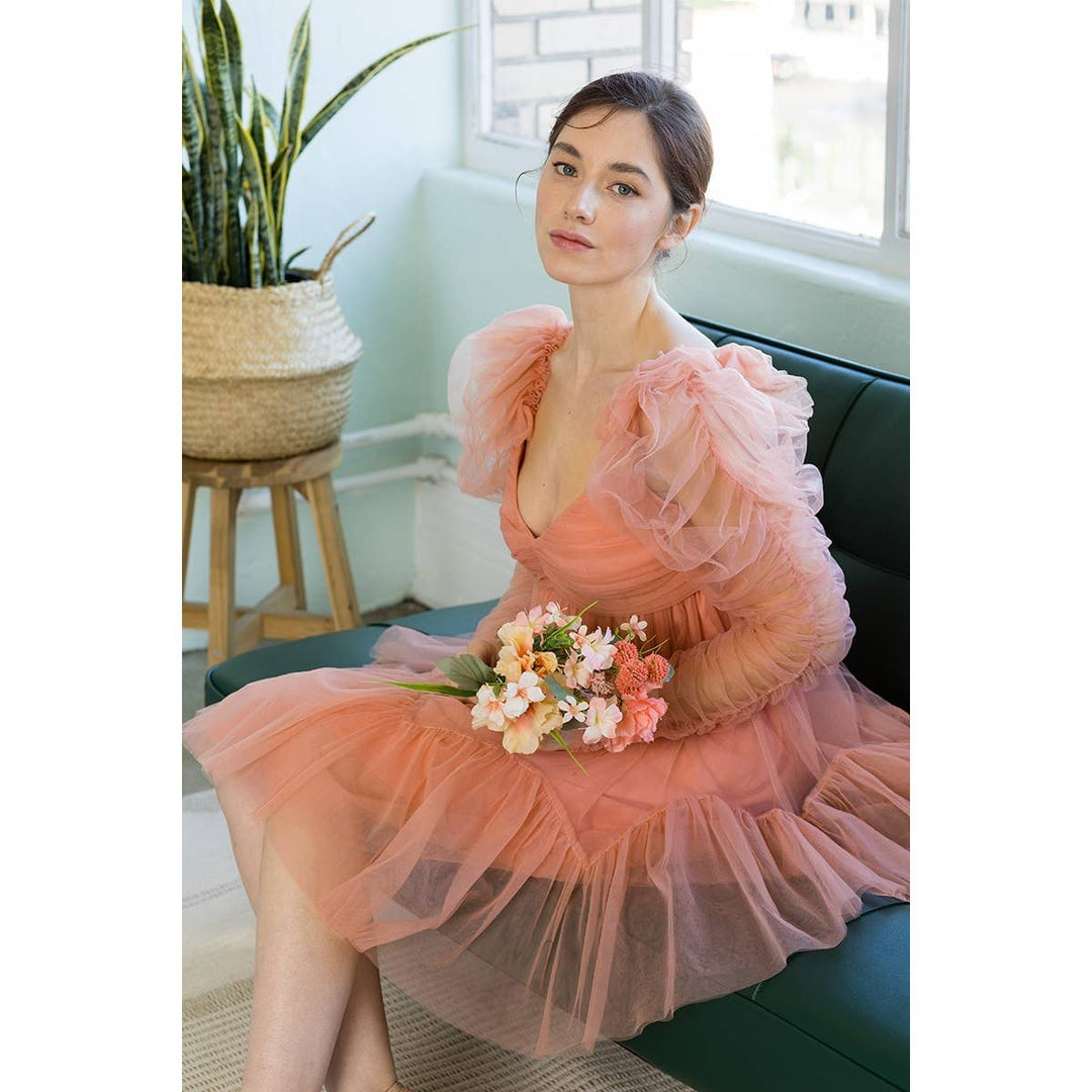 Ruched Tulle Long Puff Sleeves Mini Dress– A Whole World Of Good