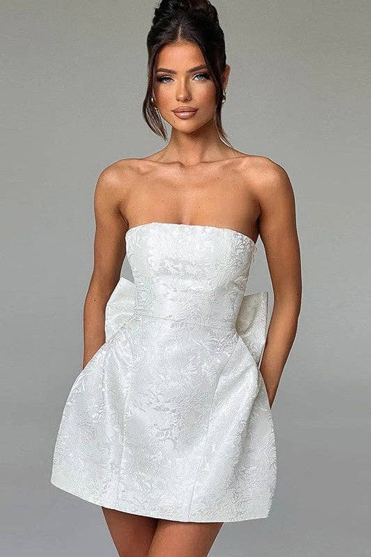 jacquard strapless mini dress JACQUARD STRAPLESS BOW DRESS– A Whole World Of Good