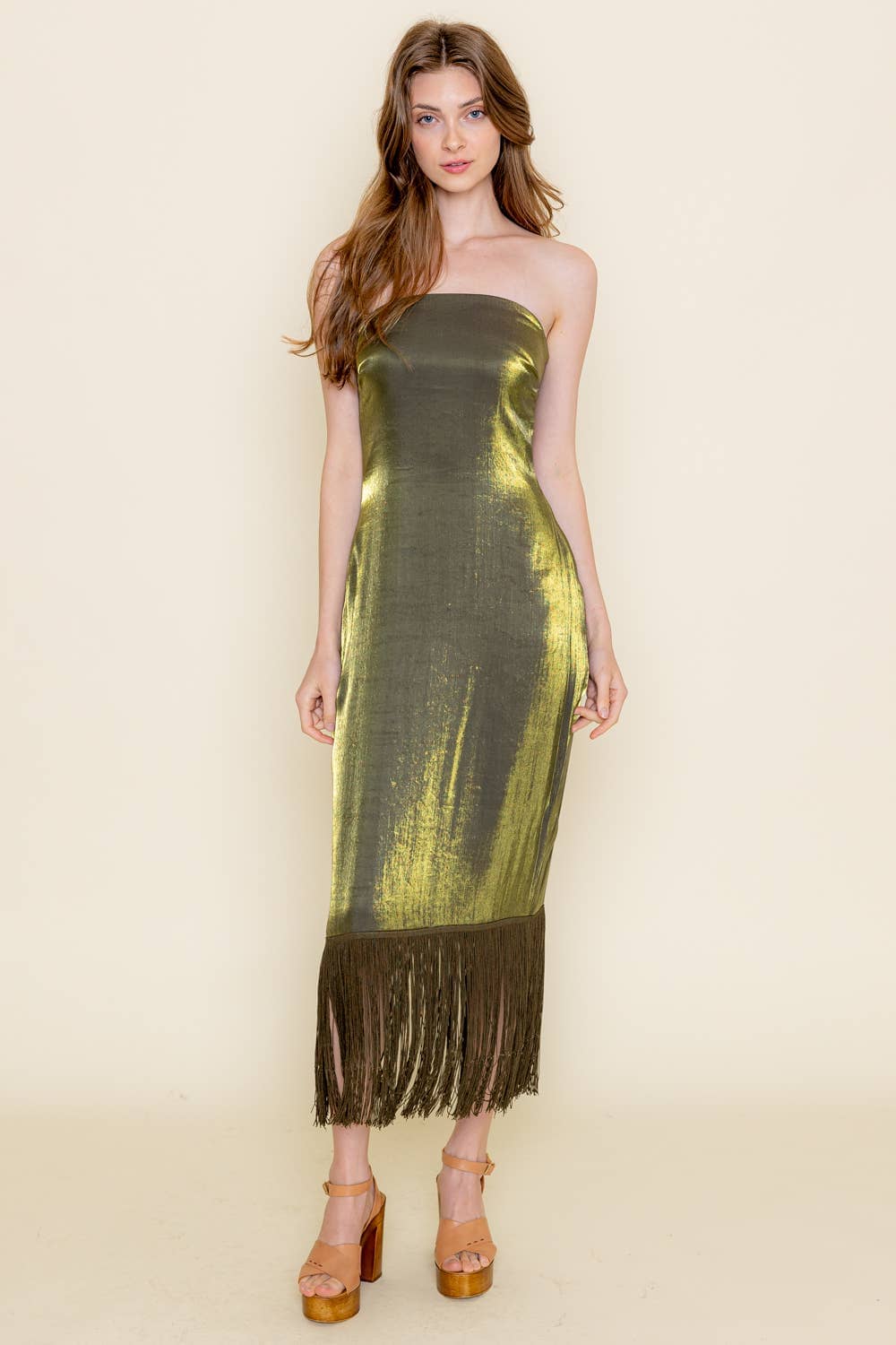 knee length dresses for ladies STRAPLESS FRINGE HEM MIDI DRESS– A Whole World Of Good