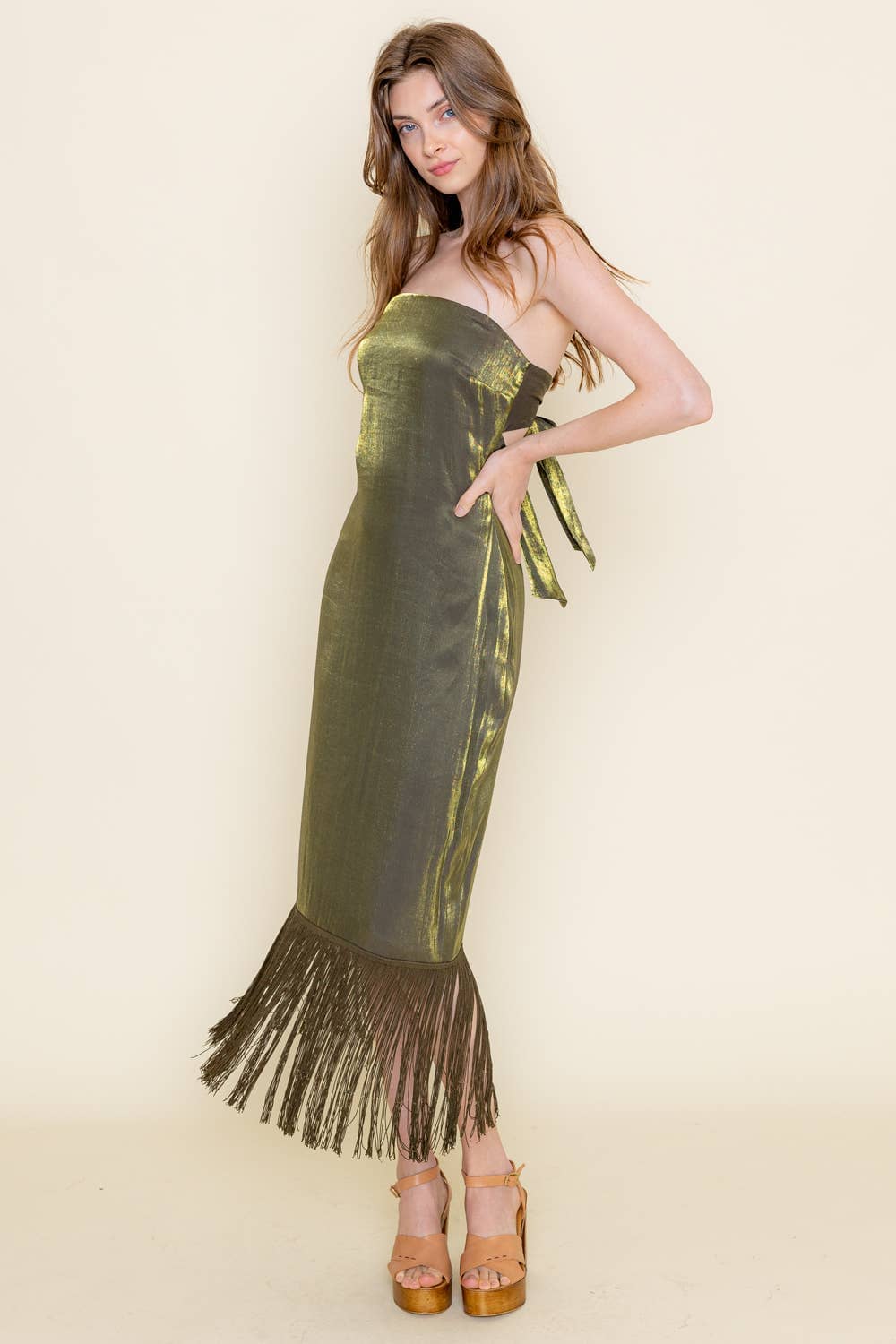 midi tassel dress STRAPLESS FRINGE HEM MIDI DRESS Green / M