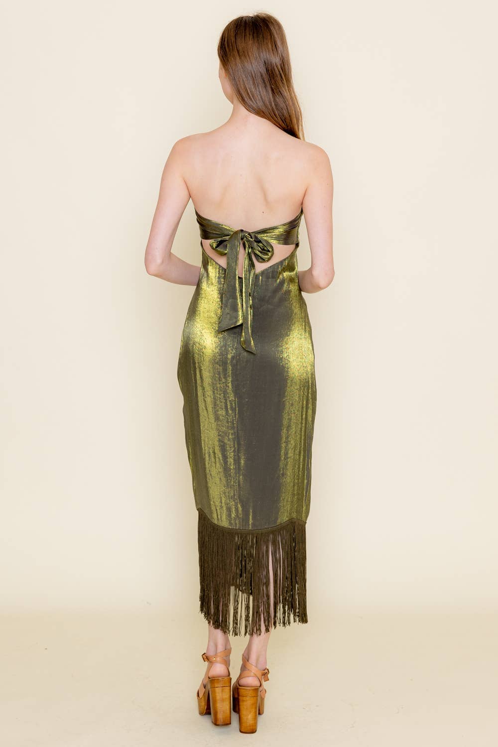 STRAPLESS FRINGE HEM MIDI DRESS Green / M STRAPLESS FRINGE HEM MIDI DRESS Green / M