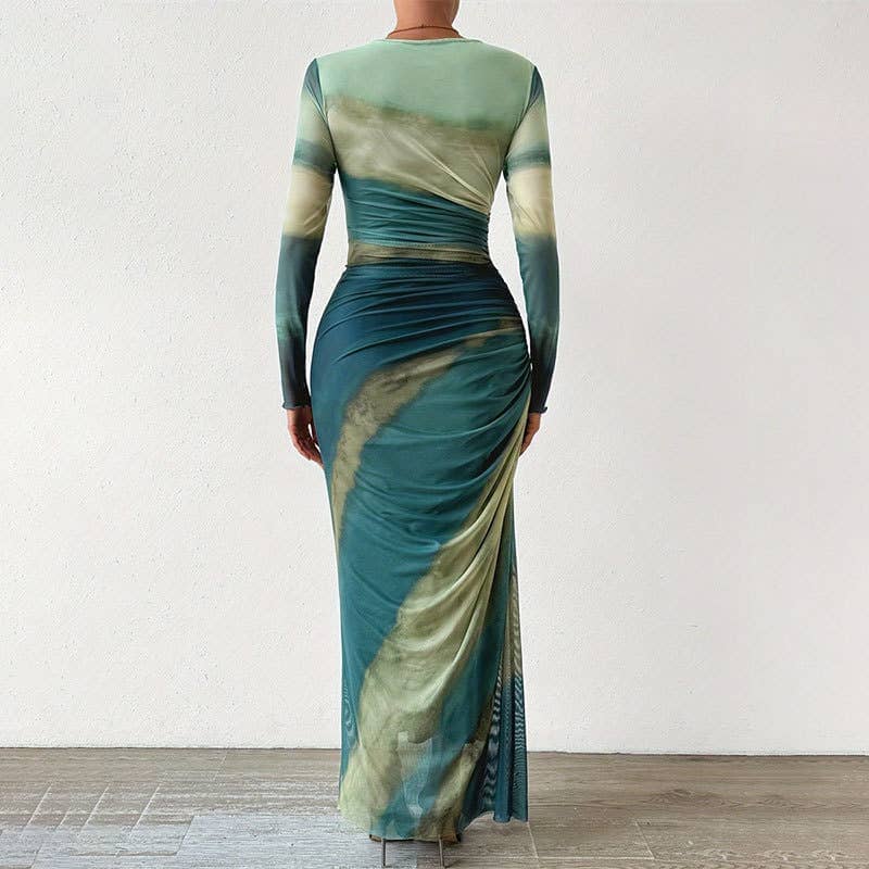 TIE-DYE PLEATED ROUND NECK LONG-SLEEVED DRESS– A Whole World Of Good