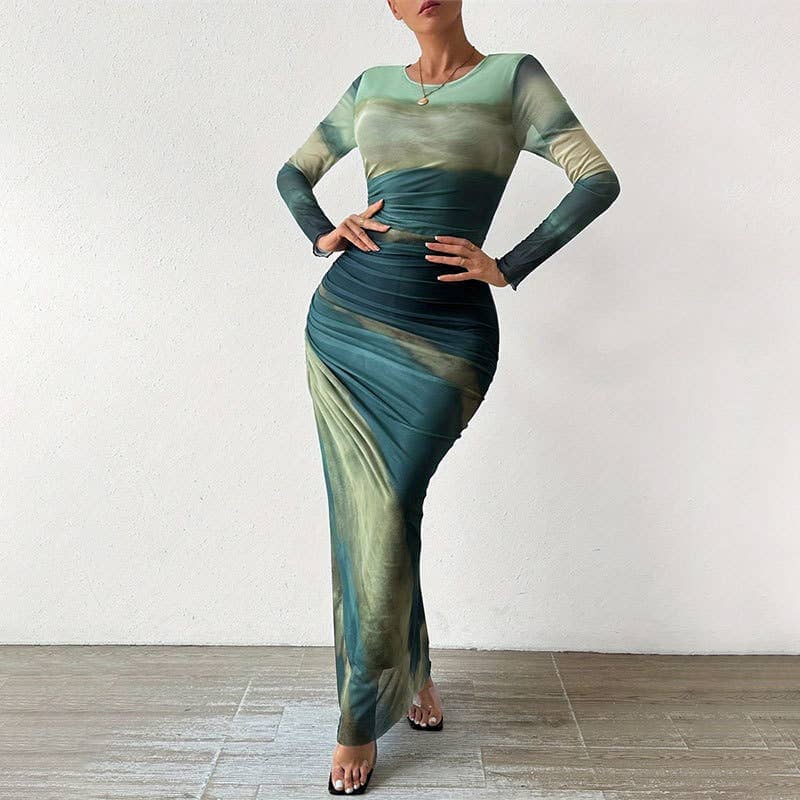 tie dye pleated dress Green Tie Dye Print One Shoulder Cut Out Pleated Midi Dress 8